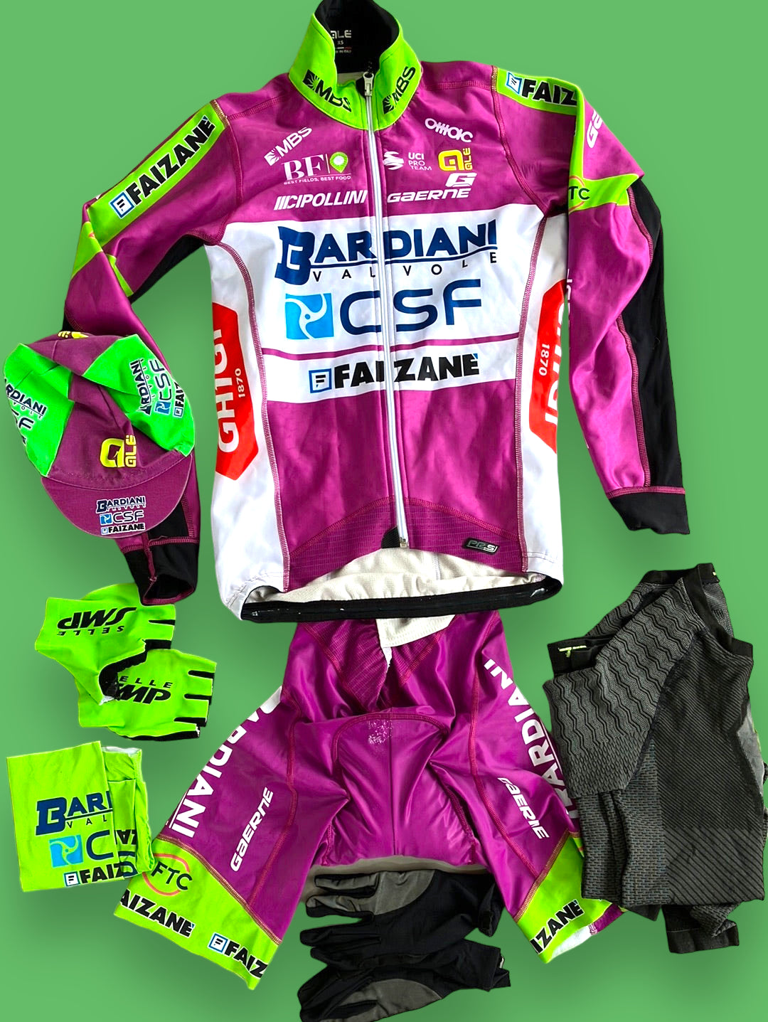 Cycling Kit Bundle - Jacket, Bibs, Cap, Winter Gloves, Gloves, Buff & Winter Base Layer | Ale | Bardiani | Pro-Issued Cycling Kit