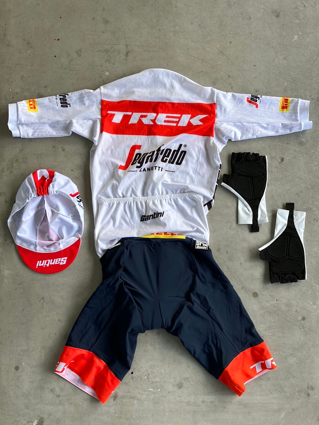 Trek Segafredo | Santini Bundle - Aero Road Suit, Cap & Gloves | White | S | Pro-Issued Team Kit