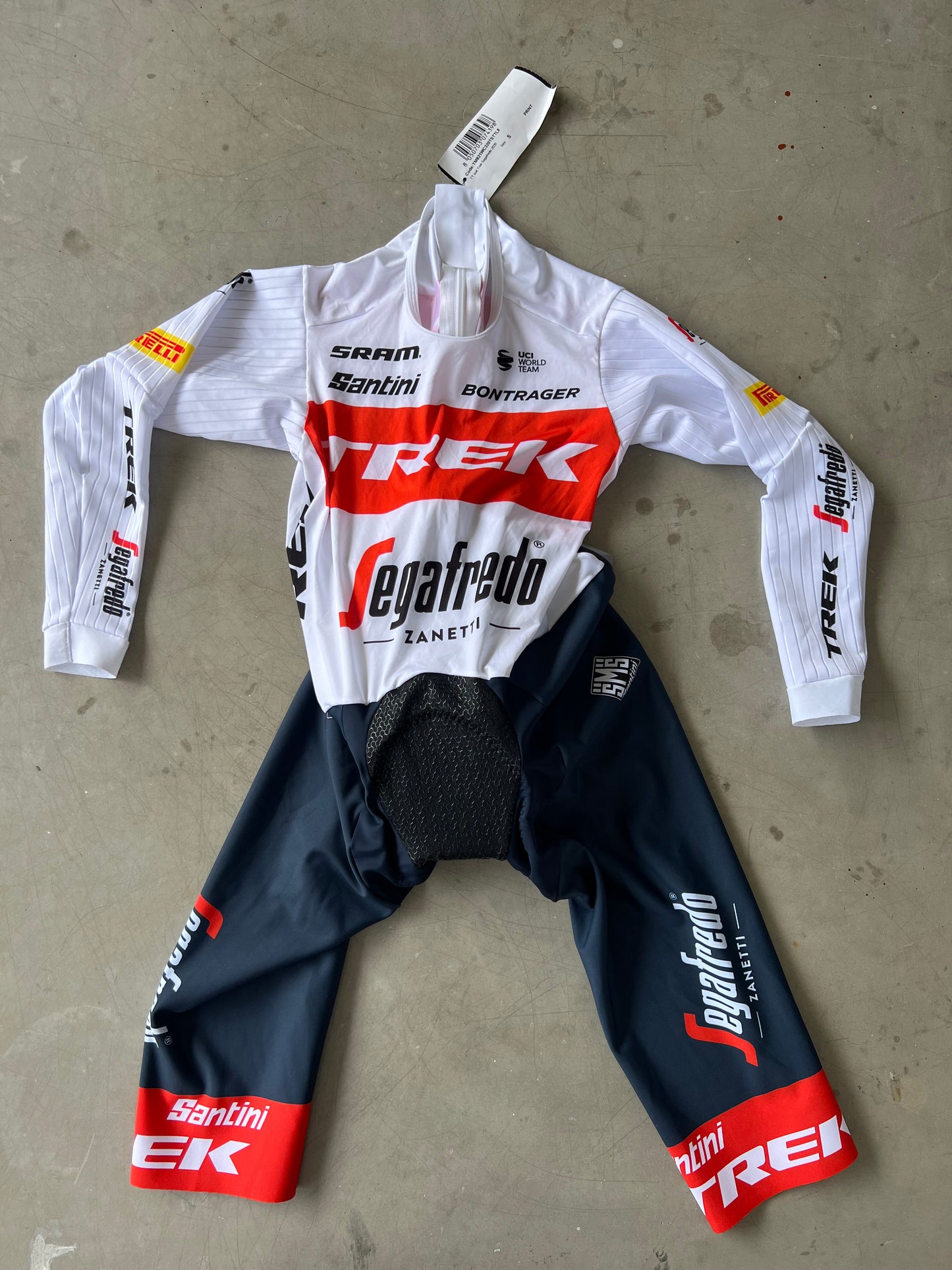 Trek Segafredo | Santini Long Sleeve TT Suit and Gloves | White | S | Rider-Issued Pro Team Kit