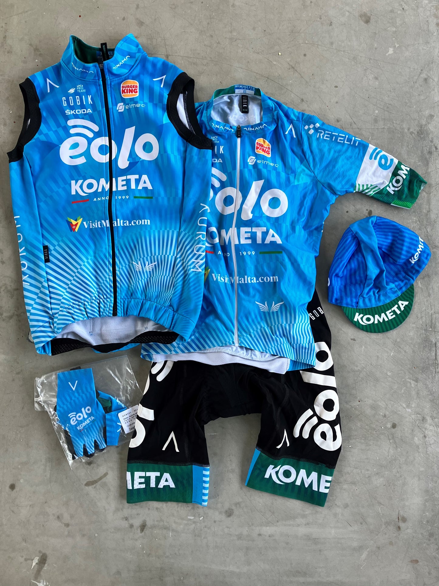 Eolo | Gobik Bundle - Jersey, Bibs, Gilet, Cap & Gloves | Blue, with BK buns | XS | Rider-Issued Pro Team Kit