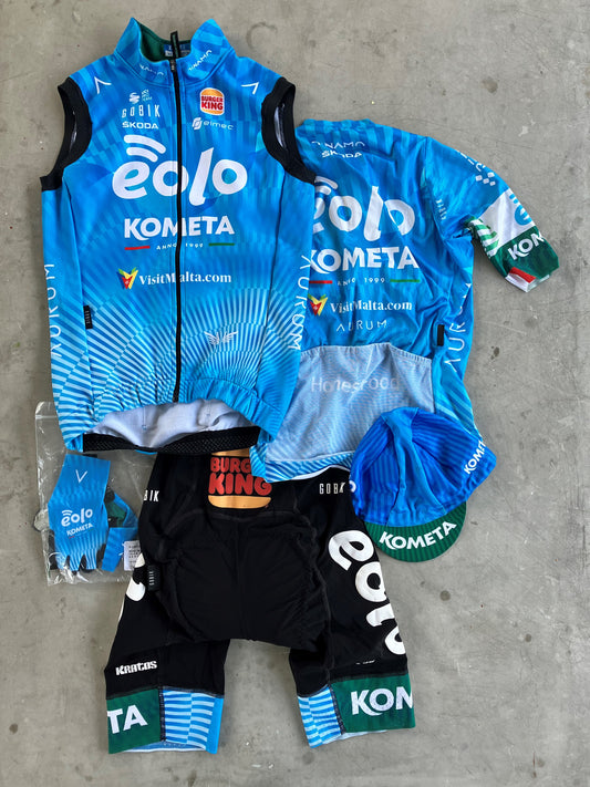 Eolo | Gobik Bundle - Jersey, Bibs, Gilet, Cap & Gloves | Blue, with BK buns | XS | Rider-Issued Pro Team Kit