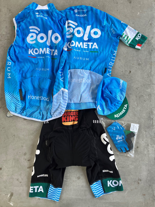 Eolo | Gobik Bundle - Jersey, Bibs, Gilet, Cap & Gloves | Blue, with BK buns | S | Rider-Issued Pro Team Kit