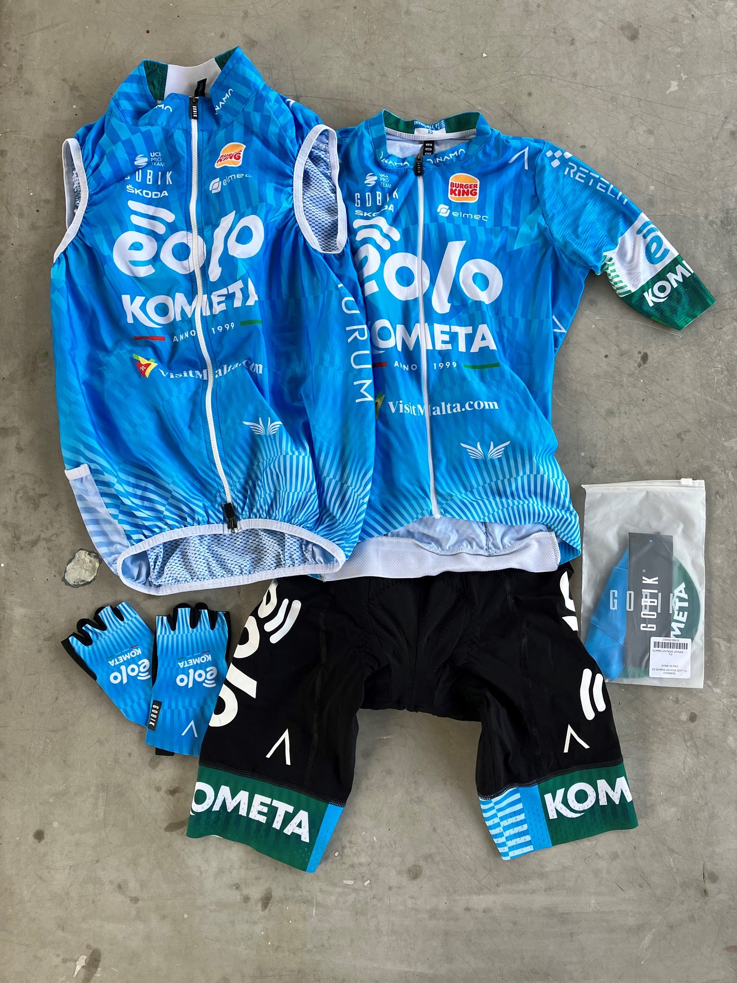 Eolo | Gobik Bundle - Jersey, Bibs, Gilet, Cap & Gloves | Blue, with BK buns | XS/S | Rider-Issued Pro Team Kit