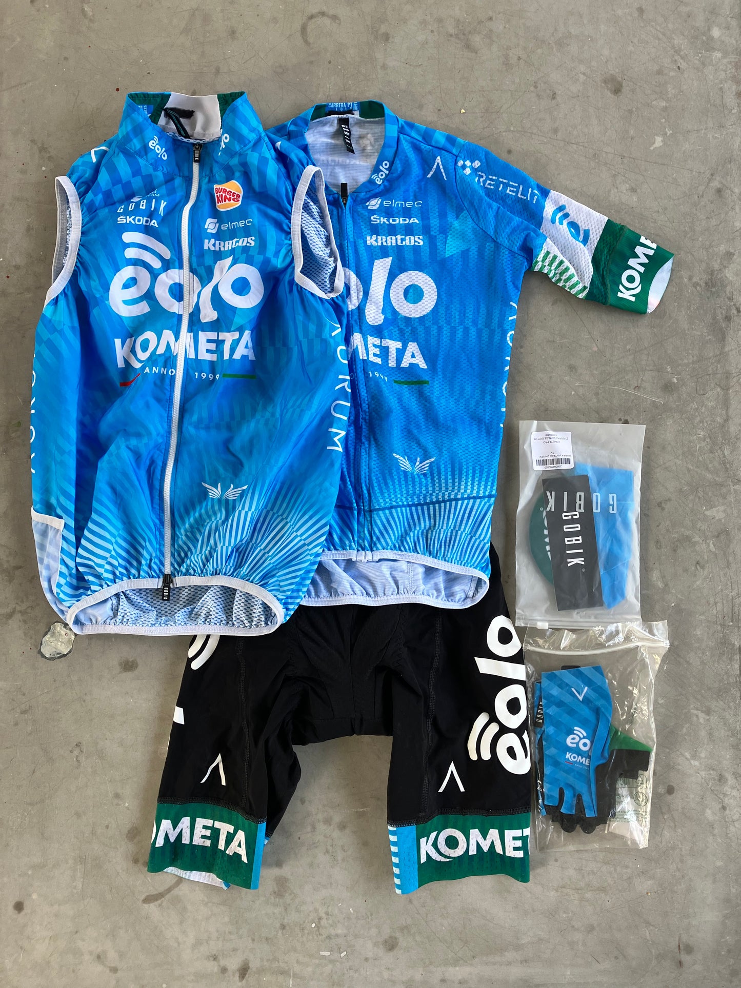 Eolo | Gobik Bundle - Jersey, Bibs, Gilet, Cap & Gloves | Blue, with BK buns | S | Rider-Issued Pro Team Kit