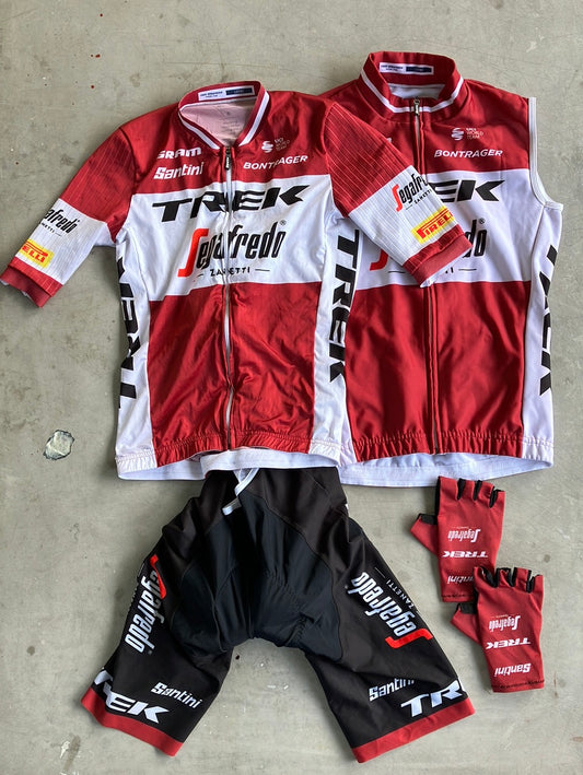 Trek Segafredo | Santini Bundle - Latvian National Champion Aero Jersey, Bibs, Thermal Gilet / Vest & Gloves | Burgundy | S | Pro-Issued Team Kit