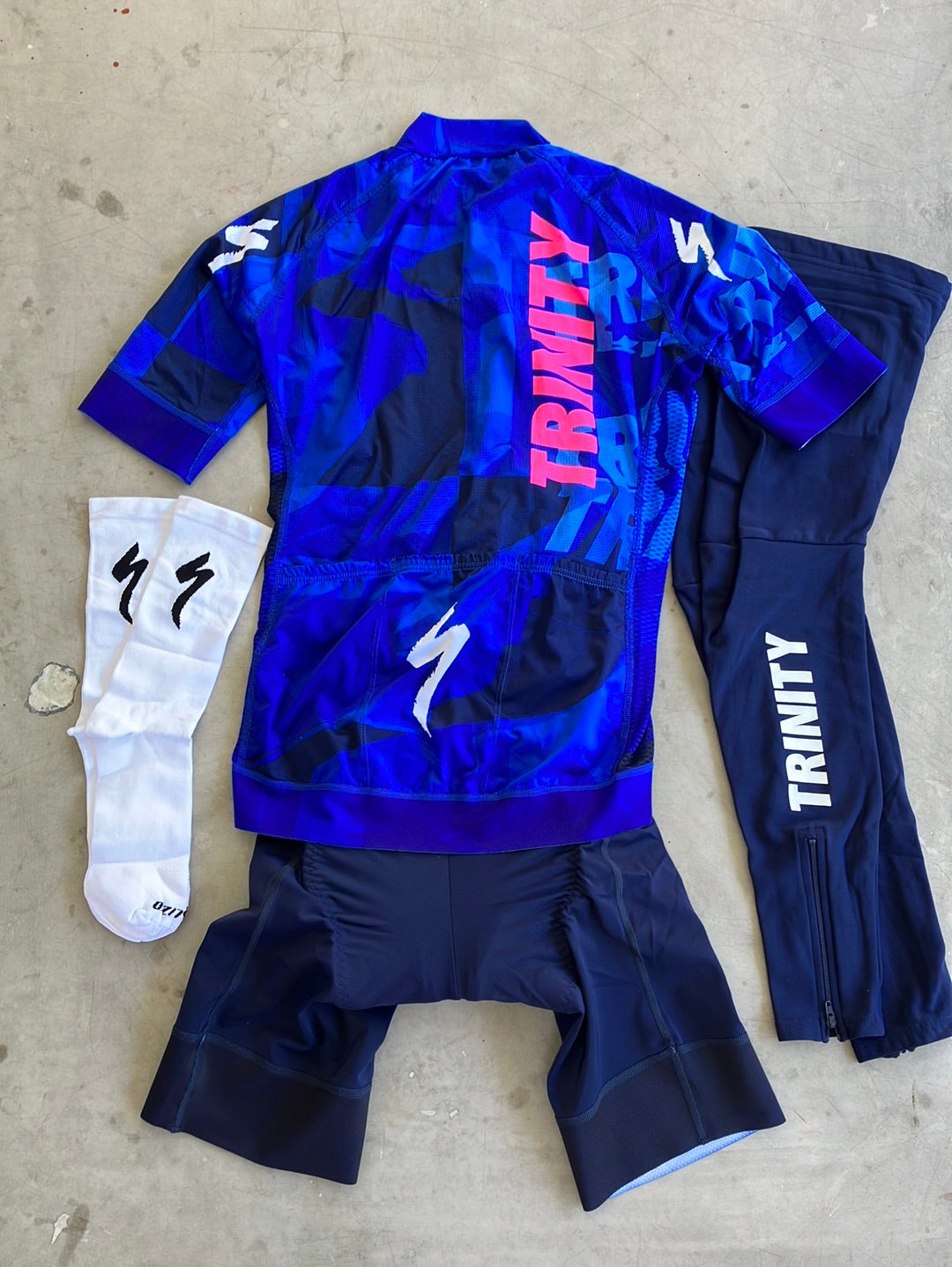 Trinity Specialized | Specialized Bundle - Race Aero Jersey, Bib Shorts, Leg Warmers & Socks | S | Blue | Pro-Issued Pro Team Kit