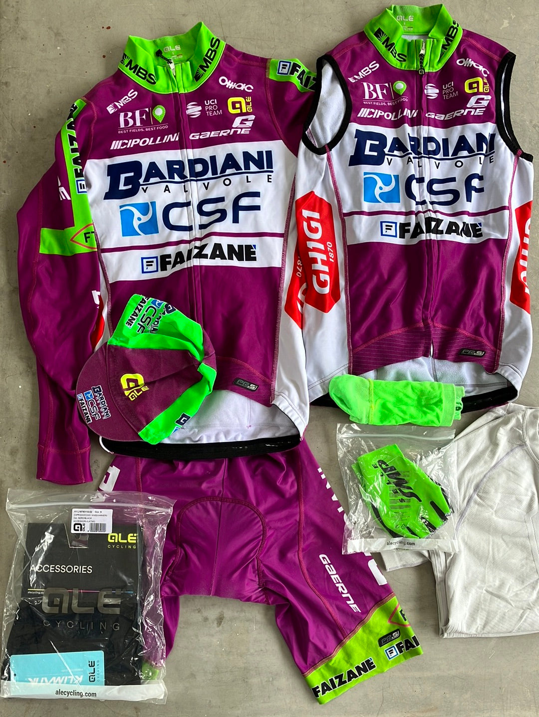 Bardiani | Ale Bundle - Jersey, Bibs, Gilet, Knees, Cap, Gloves & Base Layer | S | Pro-Issued Team Kit