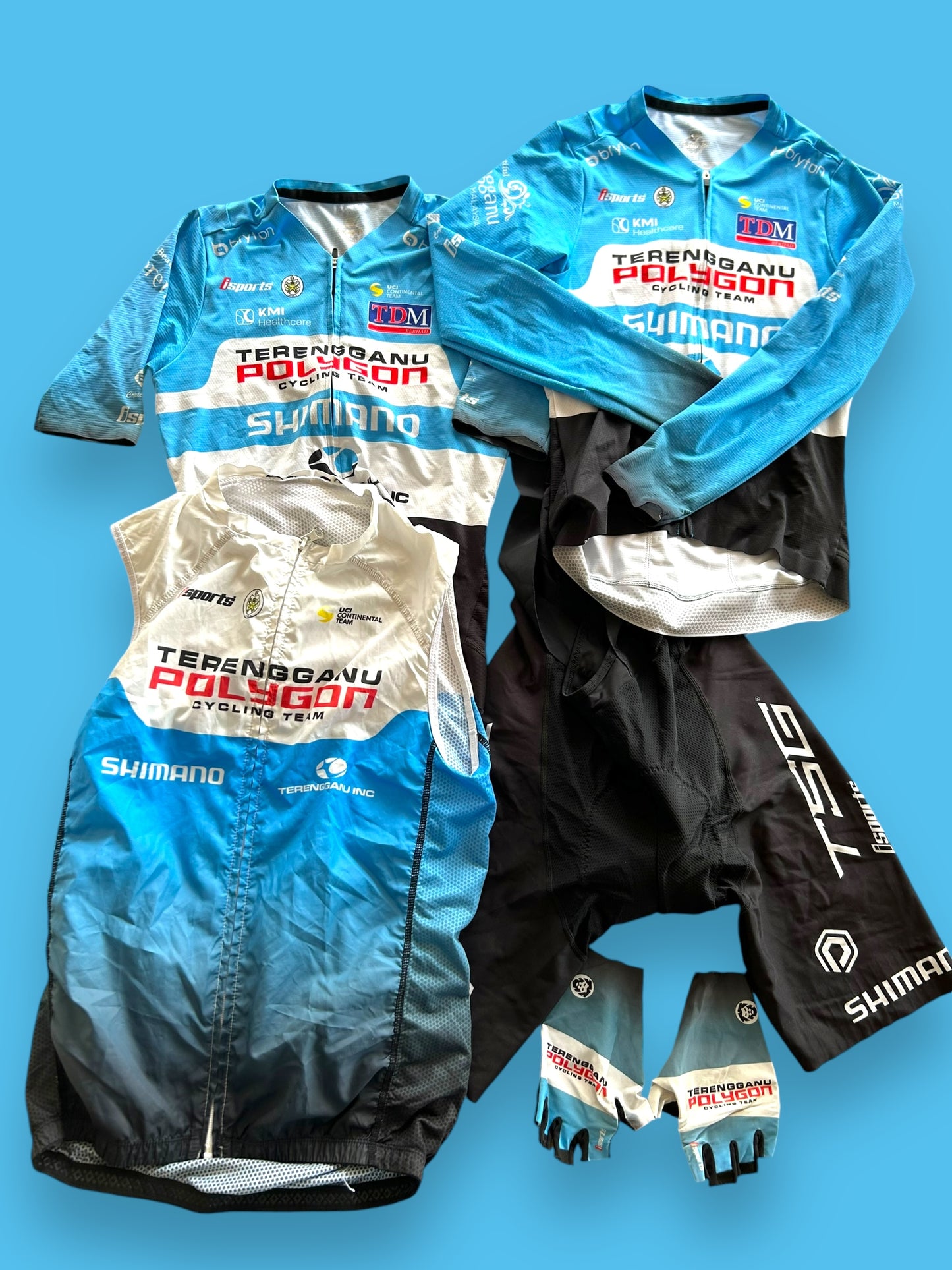 Jersey, bib short, gilet bundle | iSports | Terengganu Polygon Shimano | Pro Team Cycling Kit