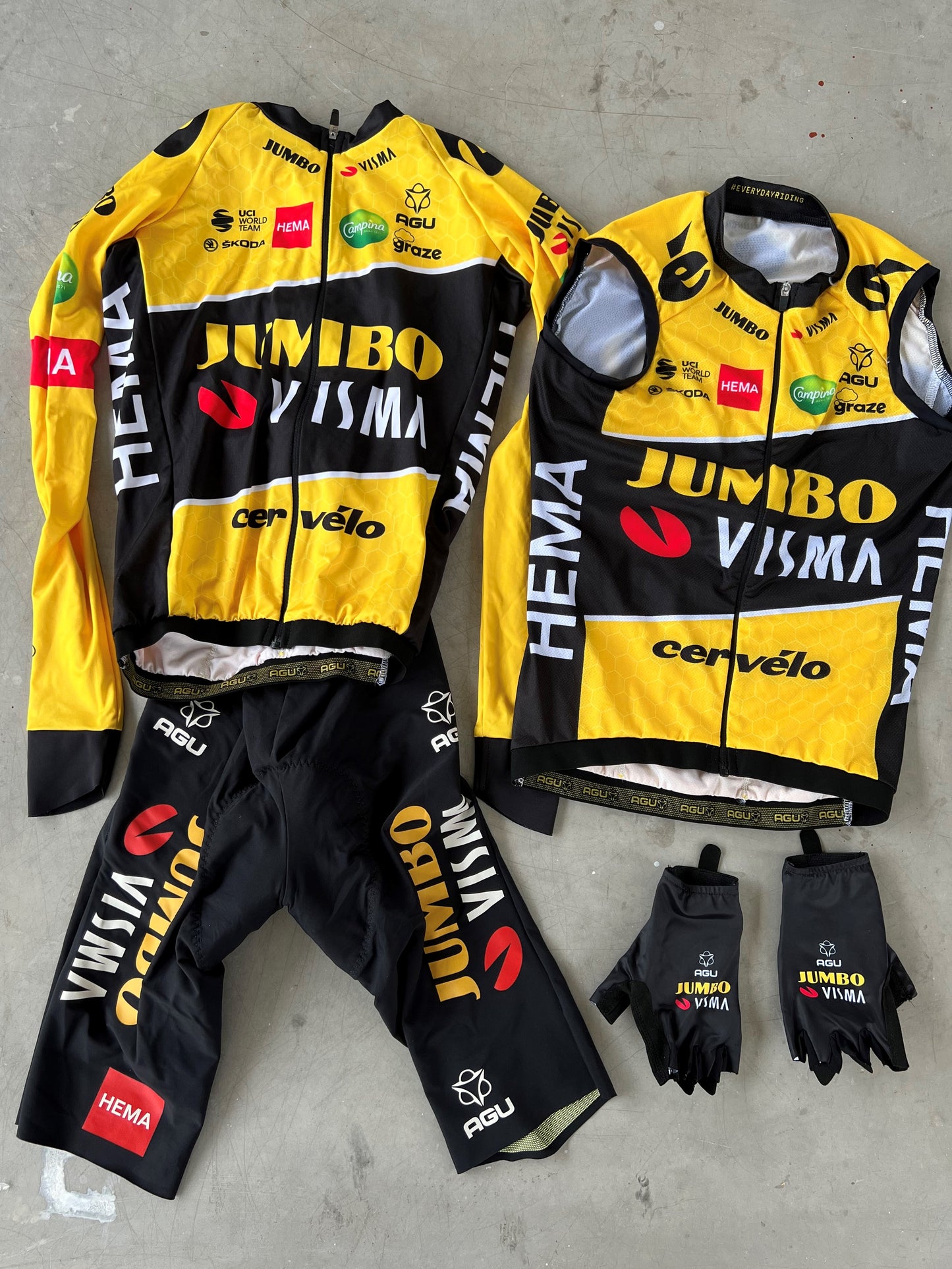 Jumbo Visma | Agu Bundle - Long Sleeve Jersey, Bib Shorts, Vest & Gloves | XS | Rider-Issued Pro Team Kit