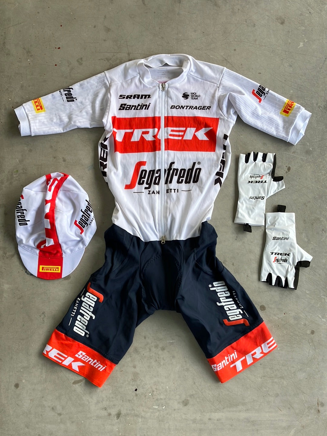 Trek Segafredo | Santini Bundle - Aero Road Suit, Cap & Gloves | White | S | Pro-Issued Team Kit