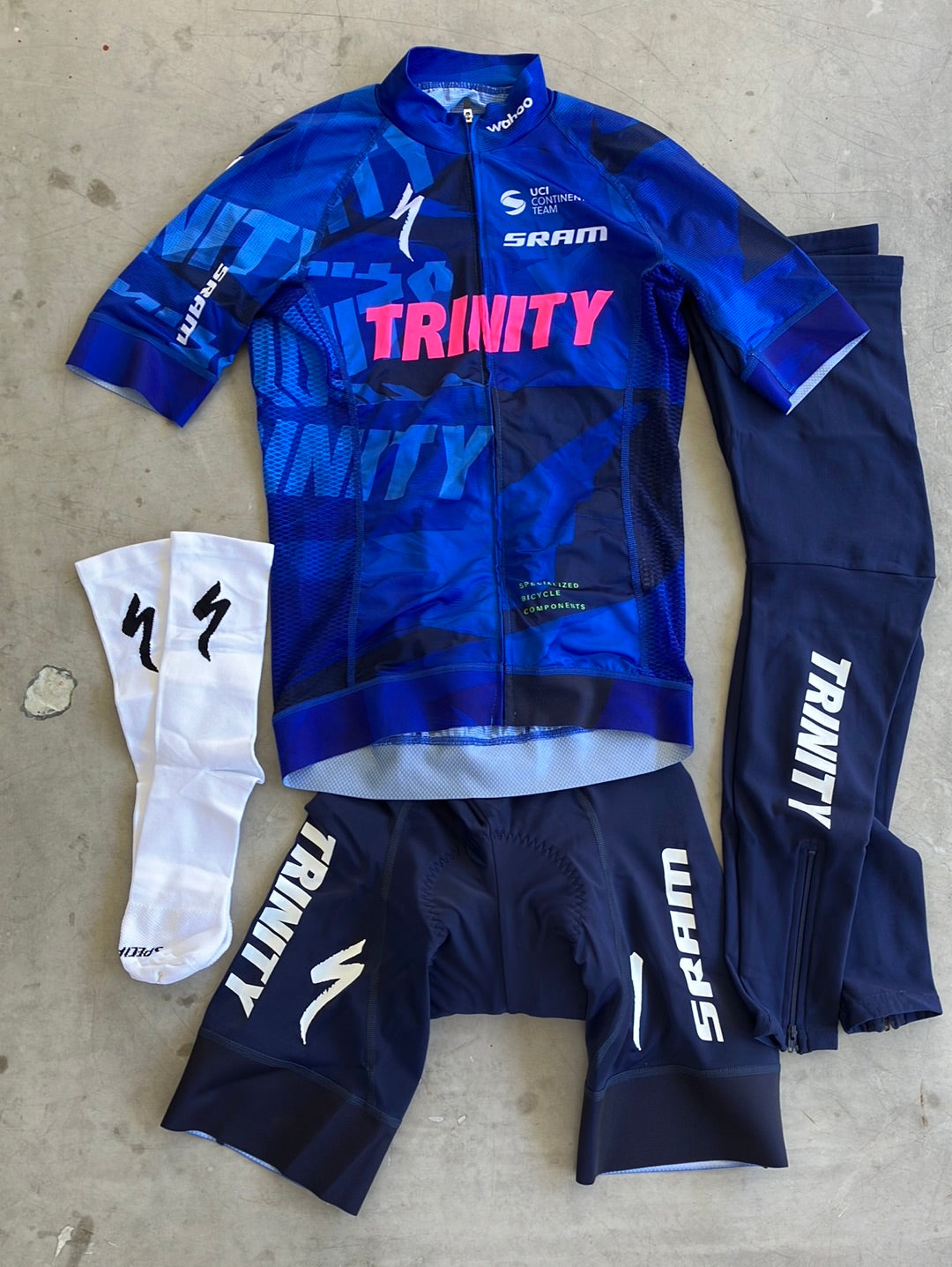 Trinity Specialized | Specialized Bundle - Race Aero Jersey, Bib Shorts, Leg Warmers & Socks | S | Blue | Pro-Issued Pro Team Kit