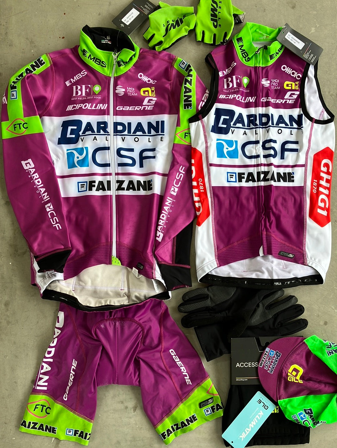 Bardiani | Ale Winter Bundle - Jacket, Bibs, Gilet, Cap, Knees & Winter Gloves | XS | Pro-Issued Team Kit