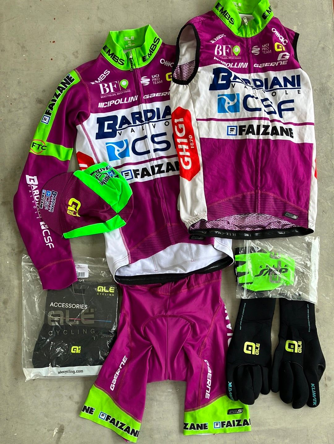 Bardiani | Ale Winter Bundle - Winter Jersey, Bibs, Gilet, Cap, Winter Gloves, Gloves & Knees | XS | Pro-Issued Team Kit