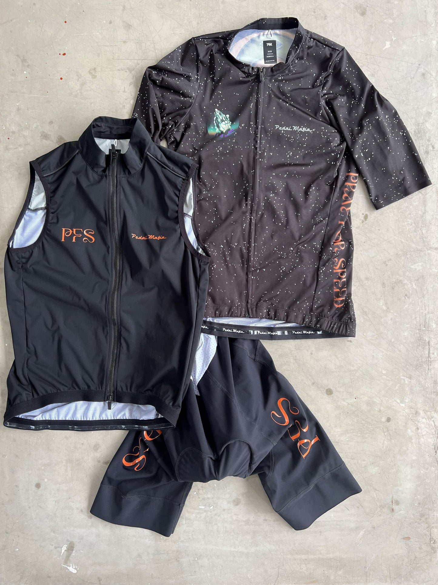 Pedal Mafia / Safa Brian Collab 'Pray for Speed' Ltd Edition - Jersey, Bibs & Gilet Bundle | S | Rider-Issued Pro Team Kit