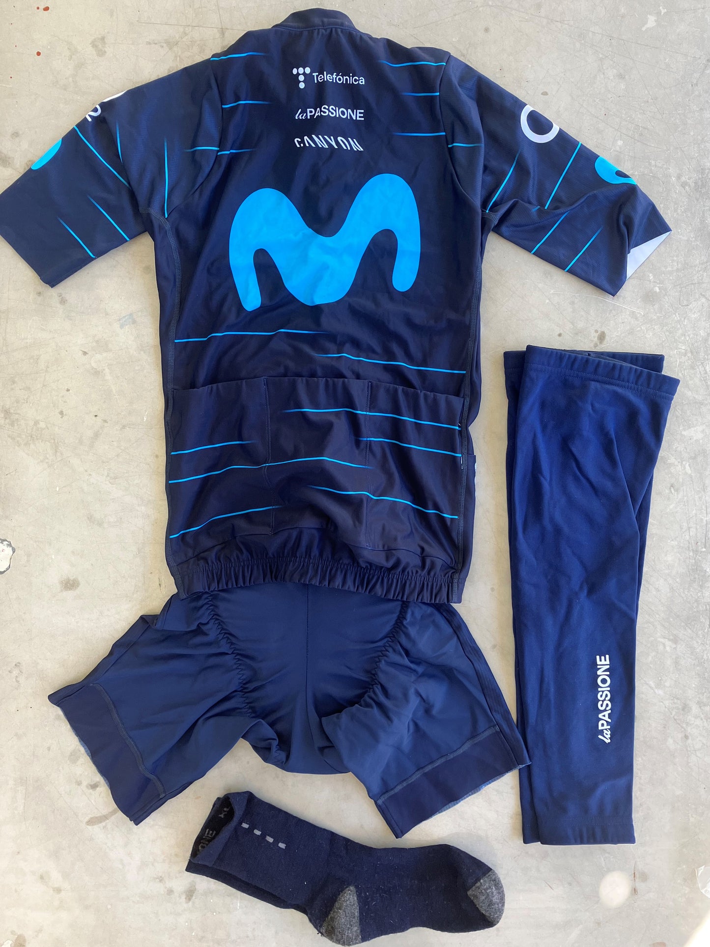 Movistar | La Passione Bundle - Short Sleeve Thermal Jersey, Bibs, Leg Warmers & Winter Socks | S | Rider-Issued Pro Team Kit