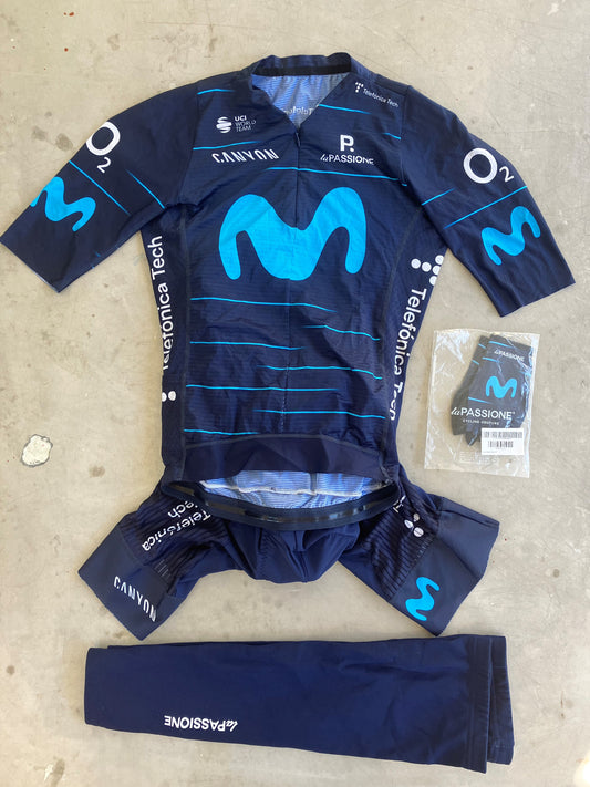 Movistar | La Passione Bundle - Short Sleeve Jersey, Bibs, Leg Warmers & Gloves | S | Rider-Issued Pro Team Kit