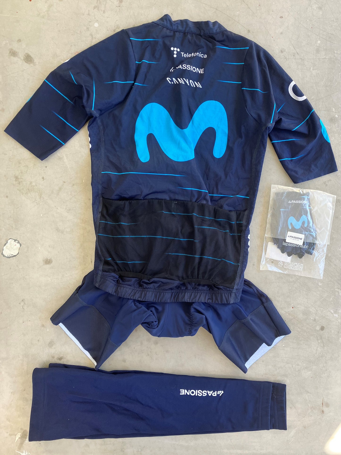 Movistar | La Passione Bundle - Short Sleeve Jersey, Bibs, Leg Warmers & Gloves | S | Rider-Issued Pro Team Kit